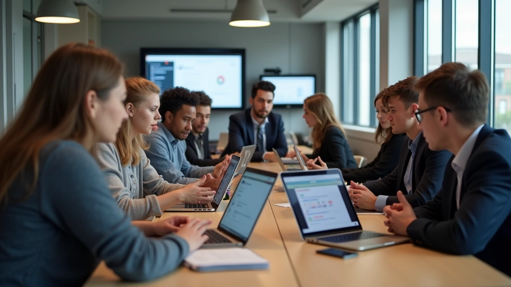 Diverse group of technical students collaborating using Blackboard platform on multiple devices including laptop and smartphone, discussing project work, modern classroom or learning commons environment