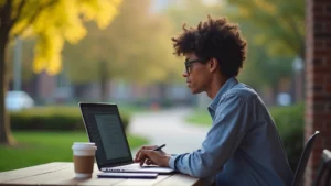 Student studying at laptop with Blackboard LMS interface visible on screen, college campus background, morning natural lighting, focused expression, notebook and coffee nearby