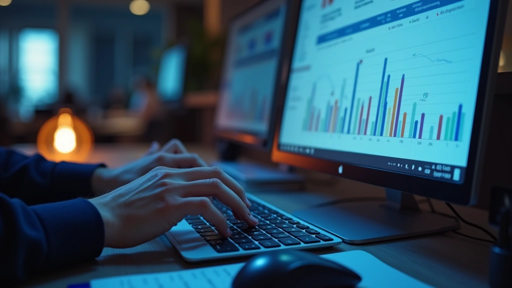 Close-up of hands typing on keyboard with course dashboard displayed, showing grade analytics and assignment calendar widgets, modern desk setup with monitor glow