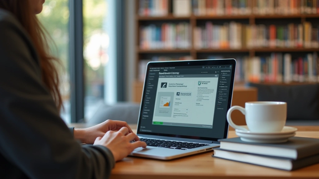 Student using laptop displaying Blackboard learning management system interface in modern campus library study area with textbooks and coffee