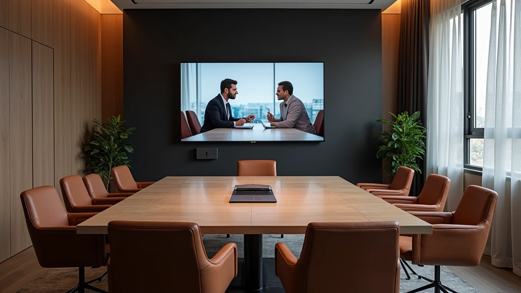 Hotel business center with professional video conferencing setup, large 4K monitor, high-quality microphone array, acoustic panels, and comfortable seating for remote workers