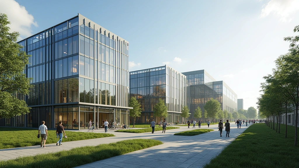 Modern technology park facility with glass buildings and green spaces, industrial heritage architecture integrated with contemporary design, daylight photography of innovation campus