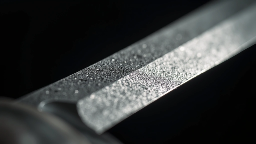 Close-up macro photography of razor-sharp blade edge showing crystalline microstructure and molecular precision under professional lighting, Damascus steel pattern visible, photorealistic detail
