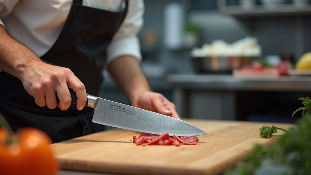 Professional chef using ergonomic modern knife on cutting board in commercial kitchen, stainless steel blade gleaming under kitchen lights, dynamic cutting motion captured