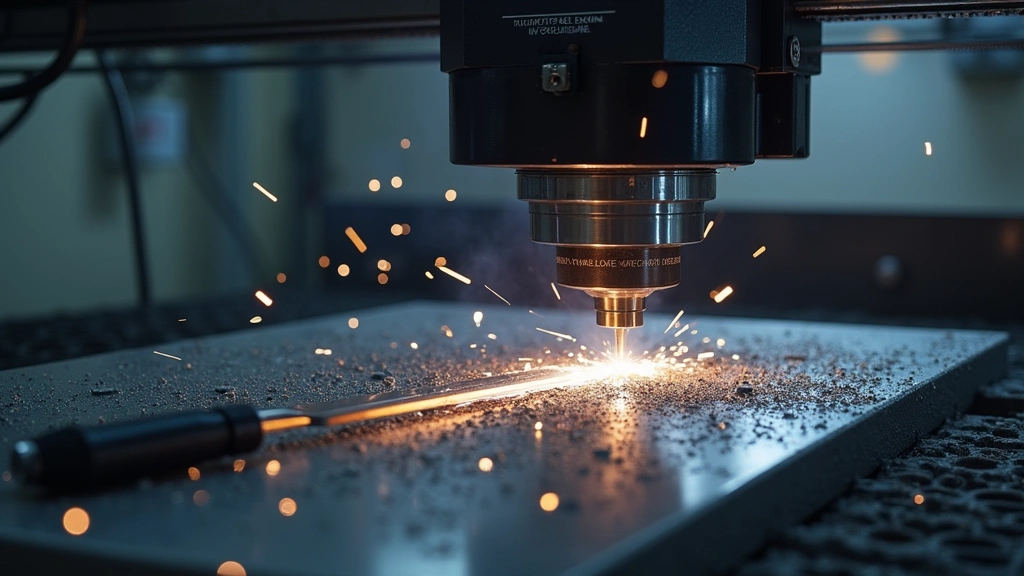 Precision manufacturing facility showing CNC machining of knife blades, computer-controlled equipment and laser cutting technology, industrial setting with metal shavings and sparks