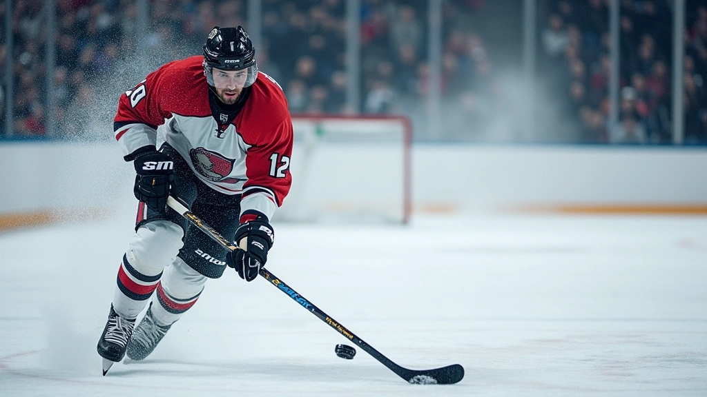 Professional hockey player in action on ice wearing protective gear and holding carbon fiber composite stick, dynamic motion shot with ice spray