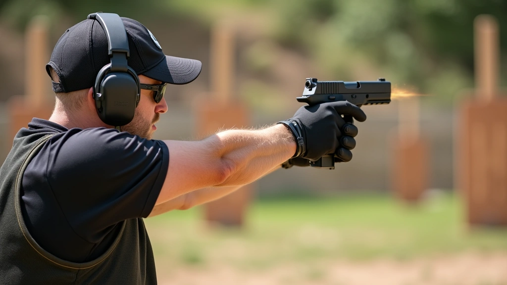 Competitive shooter demonstrating fast draw technique with tactical holster, action shot capturing dynamic movement, outdoor range setting, professional sports photography style