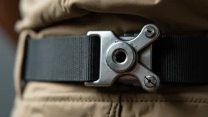 Close-up of stainless steel Tek Lok mounting bracket on tactical belt, showing spring mechanism and clamping design, professional photography with neutral background