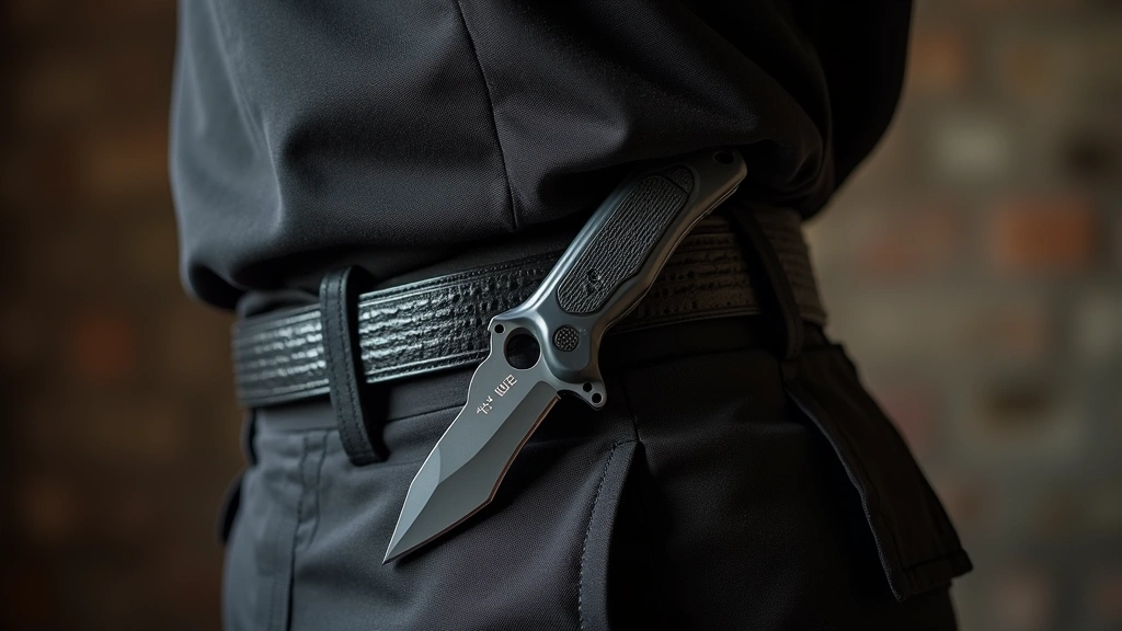 Professional tactical knife with integrated Tek Lok slot mounted on duty belt, demonstrating carry position and profile, photorealistic equipment photography