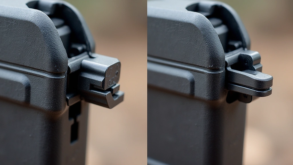 Comparative side-view of Tek Lok attachment showing thickness profile against standard sheath, highlighting low-profile design advantage, technical demonstration photography