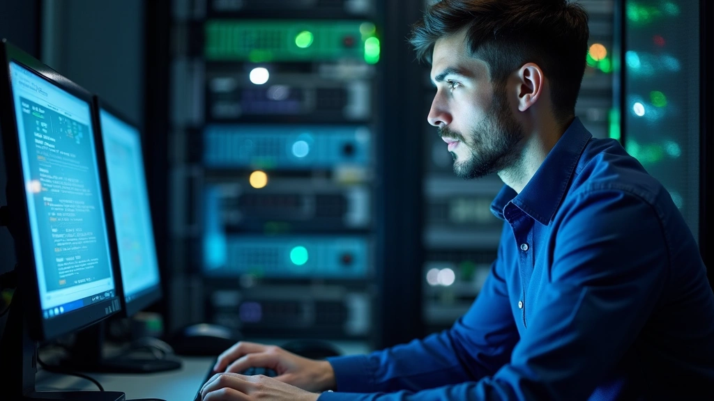 Professional IT technician working at dual monitor workstation with server rack visible in background, focused concentrated expression, hands on keyboard, blue and green monitoring displays