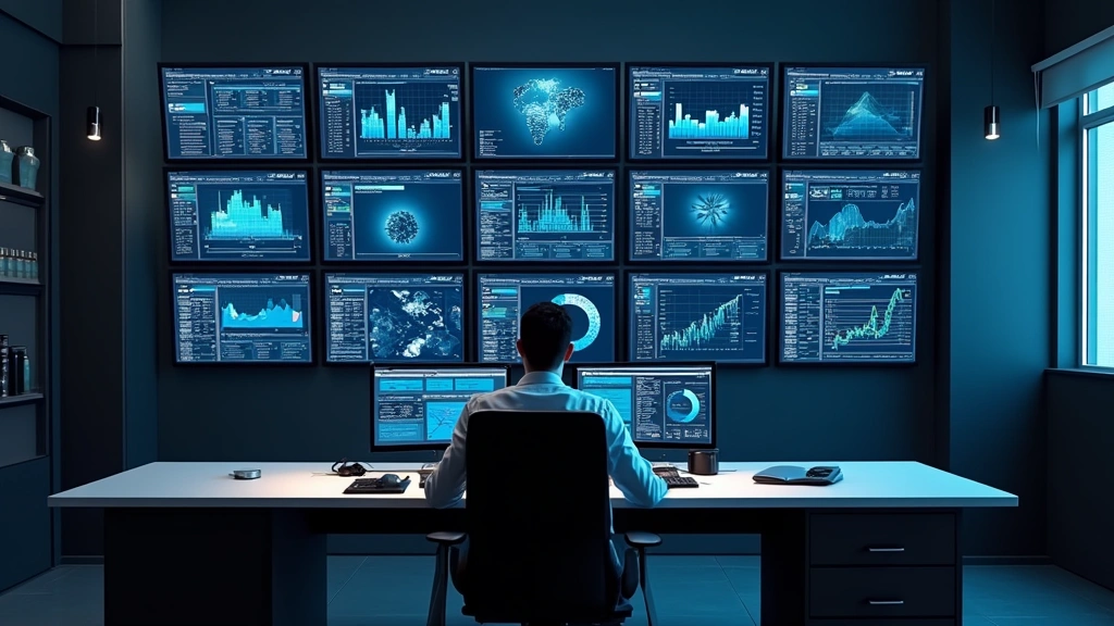 Modern managed IT services control center with multiple wall-mounted screens displaying network graphs and security dashboards, professional environment with clean desk setup