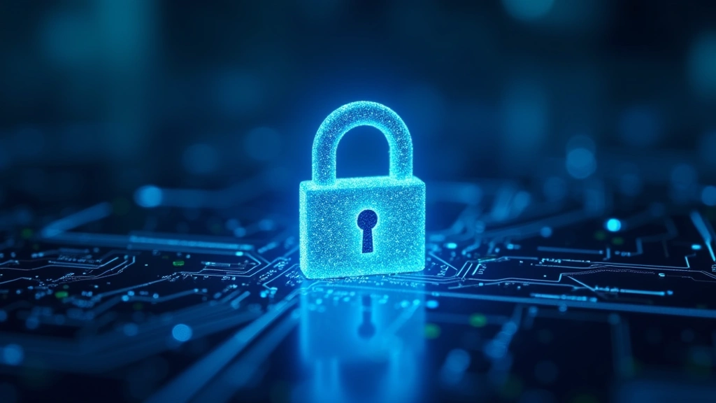 Close-up of cybersecurity padlock icon illuminated in blue light with digital circuit board patterns and streaming data visible, representing data protection and security infrastructure