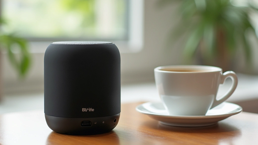Modern portable Bluetooth speaker with matte black finish, sleek cylindrical design, premium rubberized texture, sitting on wooden table with coffee cup nearby, soft natural window lighting