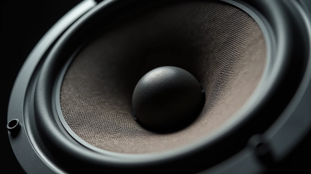 Close-up detail of audio speaker driver with mesh grille, showing metallic cone and surround materials, professional studio lighting highlighting craftsmanship and engineering precision
