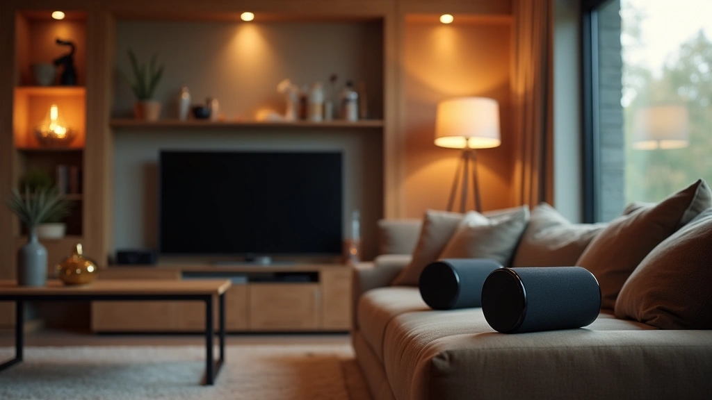 Home audio speaker system setup in contemporary living room, wireless speakers positioned on furniture, warm ambient lighting, modern interior design aesthetic, showing practical real-world usage scenario