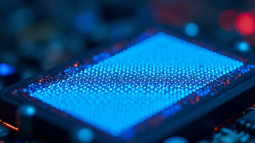 Futuristic micro-LED display panel with vibrant blue and cyan light emissions, showing advanced pixel structure under magnification, photorealistic laboratory setting