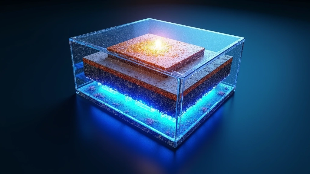 Advanced solid-state battery cross-section showing layered materials and electrolyte structure, illuminated by blue tech lighting, detailed scientific visualization