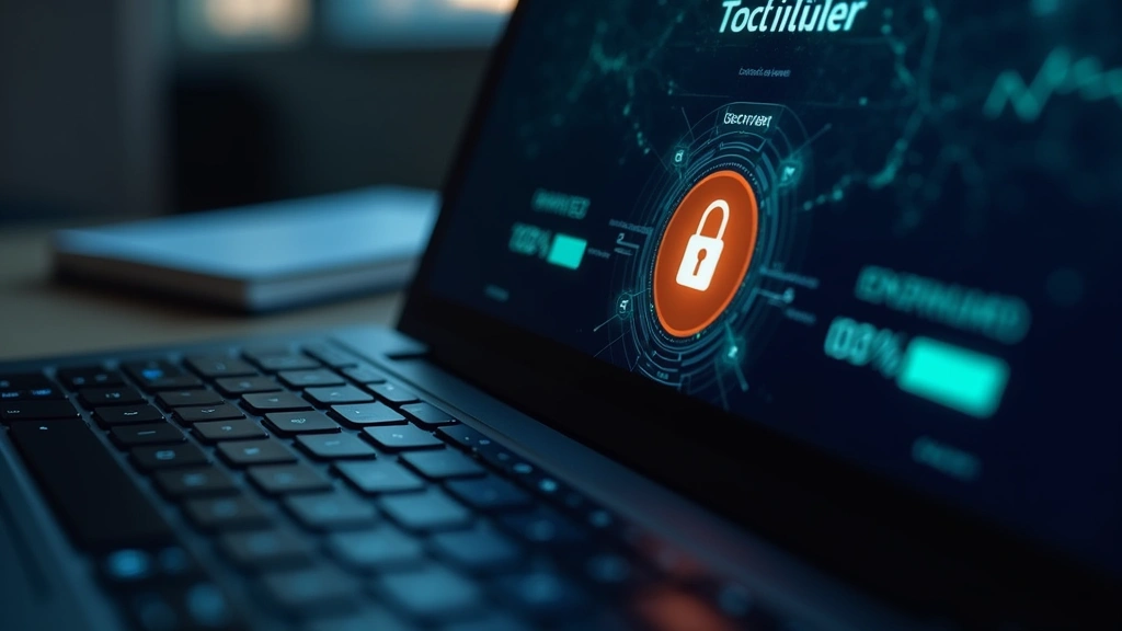 Close-up of a laptop screen showing a VPN connection status interface with security indicators, glowing padlock icon, encrypted connection display, dark modern UI design, photorealistic