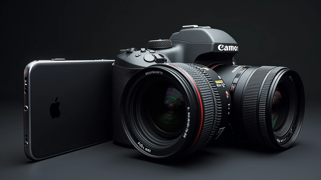 Professional camera comparison: smartphone next to DSLR camera showing advanced lens arrays and computational photography sensors in detail, tech aesthetic