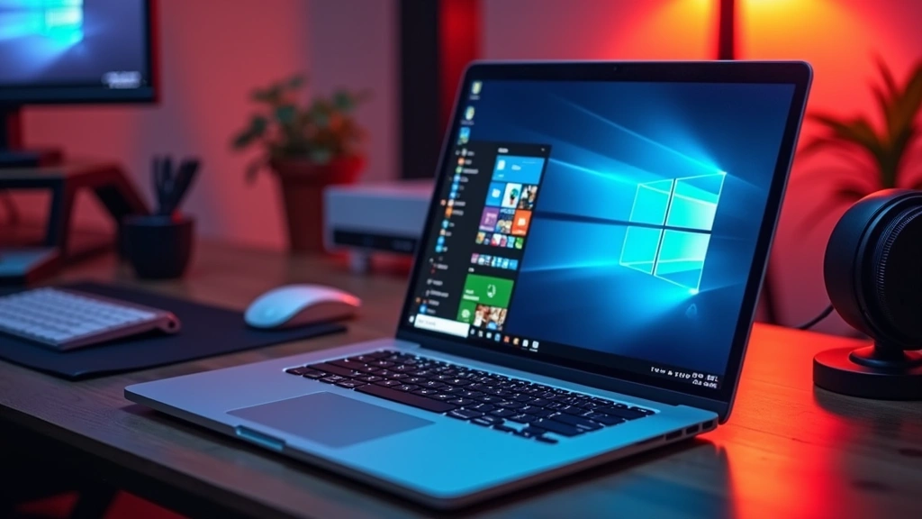 High-end laptop with sleek aluminum design displaying vibrant colorful workspace on screen, professional photography lighting, shallow depth of field, modern desk setup with keyboard and mouse