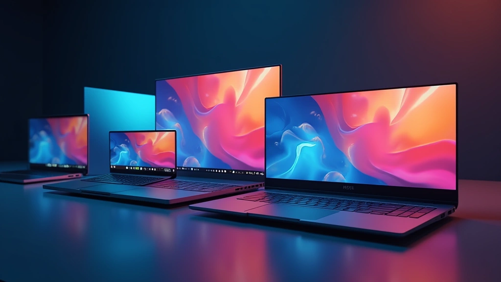 Multiple premium laptops arranged artistically showing different screen sizes and color variants, cool studio lighting highlighting reflections and details, tech showroom aesthetic
