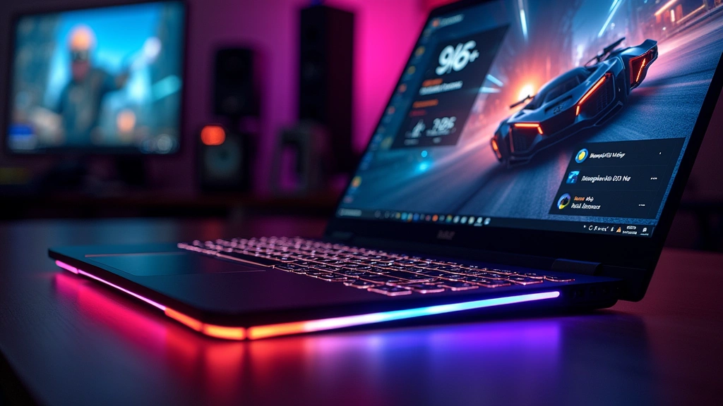 Gaming laptop with RGB keyboard illuminated, powerful graphics card detail visible, performance metrics displayed on screen, dynamic action scene background reflecting on display surface