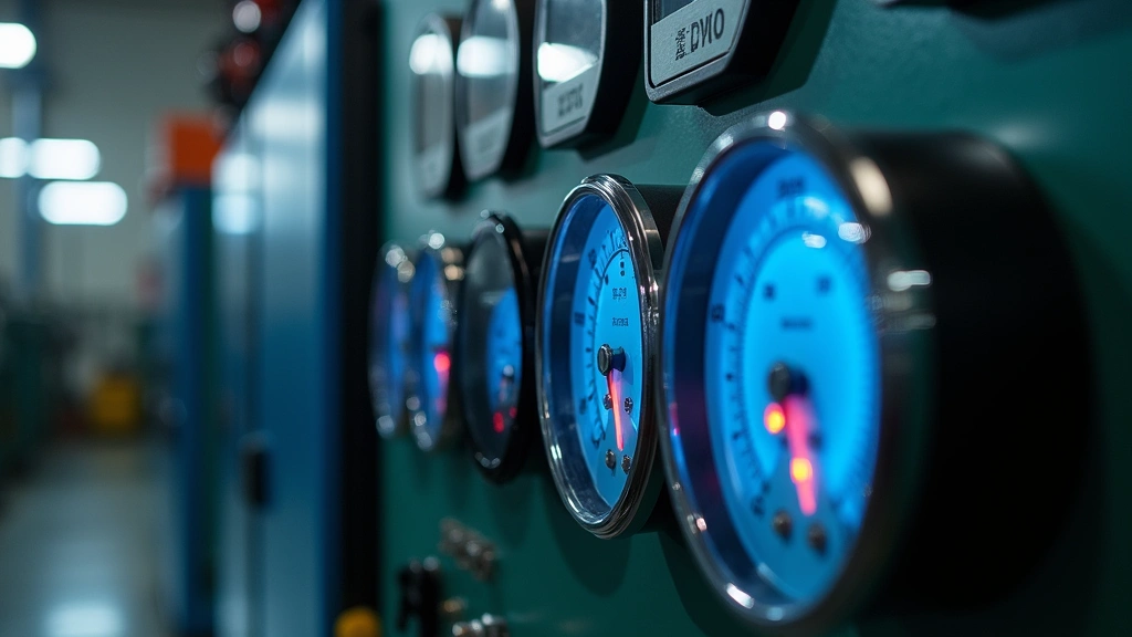 Industrial blow molding machine with illuminated control panels and thermal sensors in factory environment, close-up of pressure gauges and temperature displays