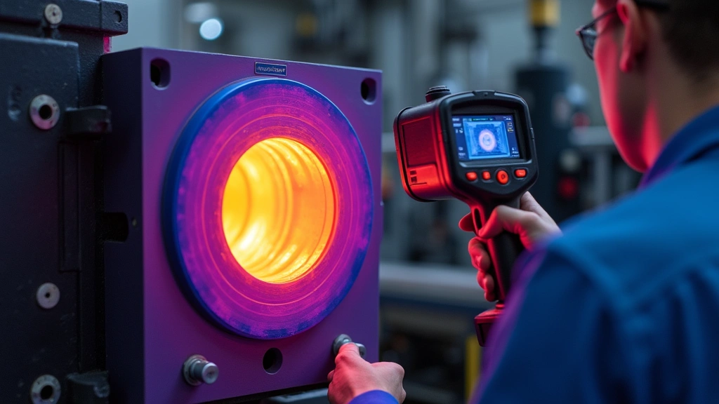 Technician using thermal imaging camera to inspect mold cavity, detecting hot spots with infrared visualization on professional manufacturing equipment