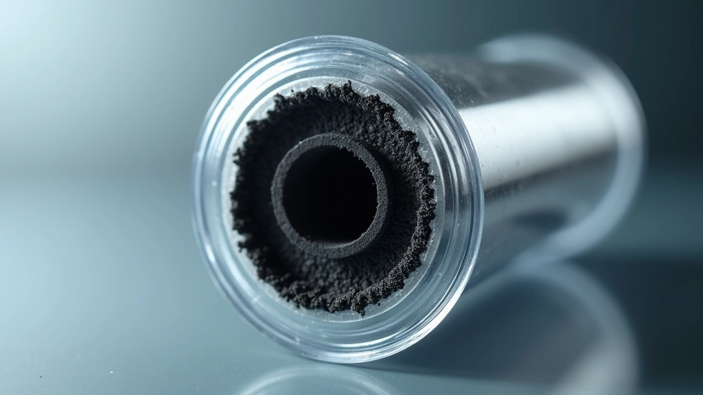 Close-up of transparent water filter cartridge showing activated carbon layers inside, professional lighting, shallow depth of field, modern minimalist background