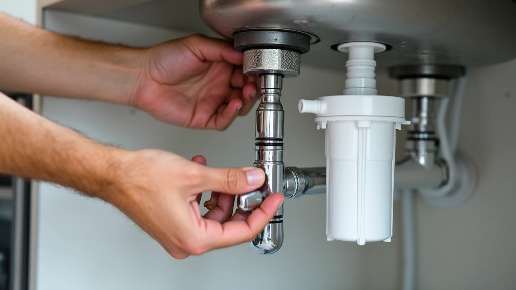 Hands installing under-sink water filter system with chrome fittings and white tubing, bright kitchen lighting, sharp focus on connection points and cartridge housing