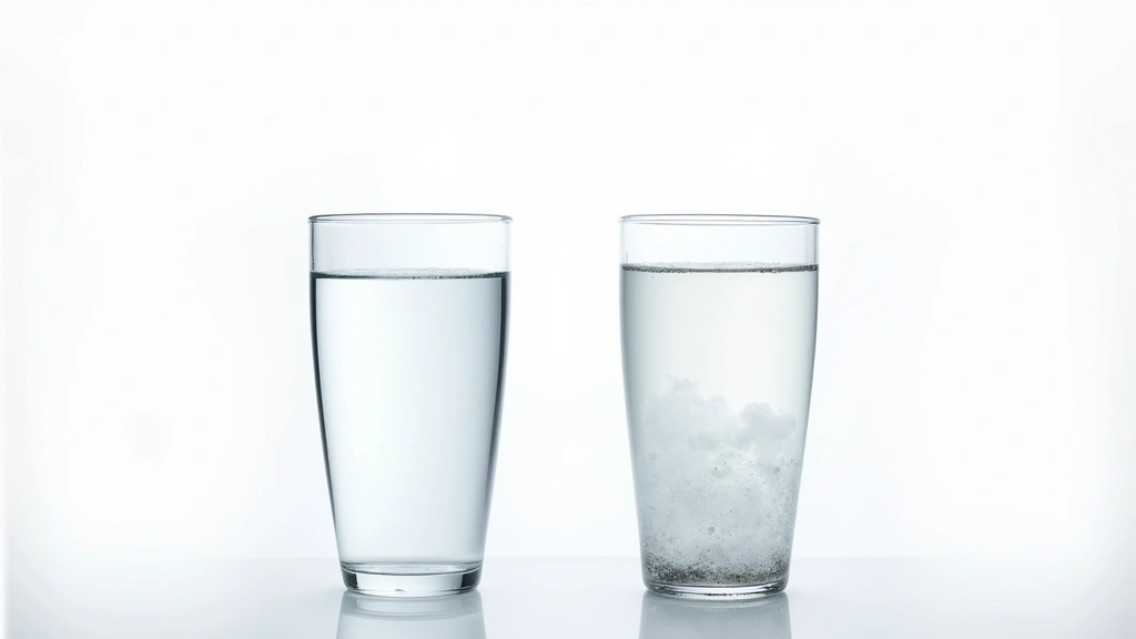Side-by-side comparison of clean filtered water and cloudy unfiltered tap water in clear glass containers, professional photography studio lighting, white background