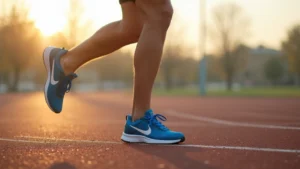 Professional athlete wearing blue Nike running shoes mid-stride on outdoor track, dynamic motion capture, morning sunlight, photorealistic