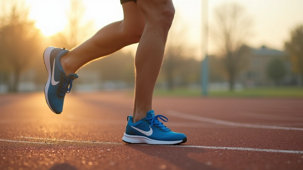Professional athlete wearing blue Nike running shoes mid-stride on outdoor track, dynamic motion capture, morning sunlight, photorealistic