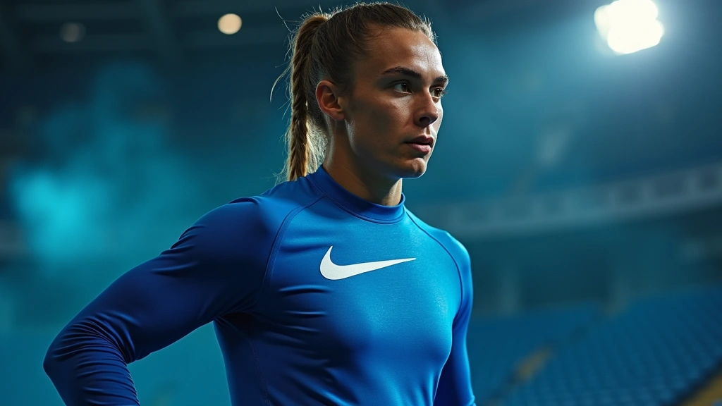 Athlete wearing blue Nike tech apparel during intense training session, moisture visible on fabric, performance monitoring visualization, high-energy atmosphere