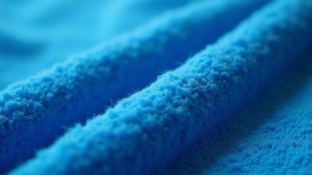 Close-up of blue polyester fleece fabric texture showing double-knit weave structure and fiber detail, professional photography studio lighting, shallow depth of field on material surface