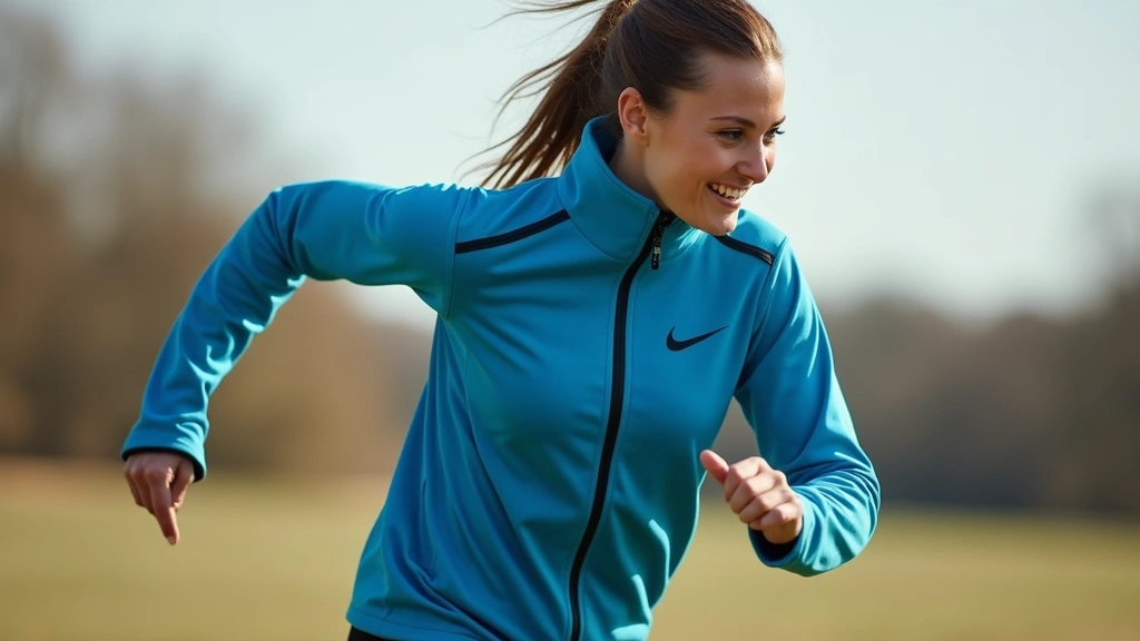 Person wearing blue Nike Tech Fleece jacket during outdoor athletic activity, dynamic movement captured, natural daylight showing color vibrancy and fit silhouette, realistic action photography