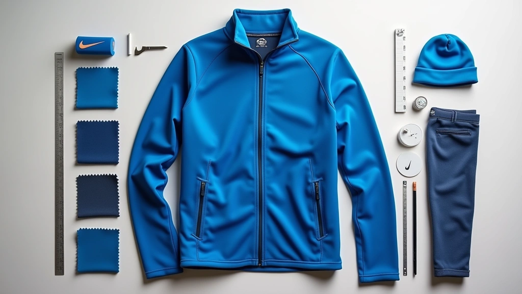 Flat lay comparison of blue Nike Tech Fleece with measurement tools, fabric swatches, and construction details visible, professional product photography with neutral background highlighting garment construction quality