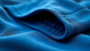 Close-up of blue synthetic fabric showing thermal weave texture, moisture-wicking material detail, soft brushed interior lining visible, professional studio lighting, no text or logos