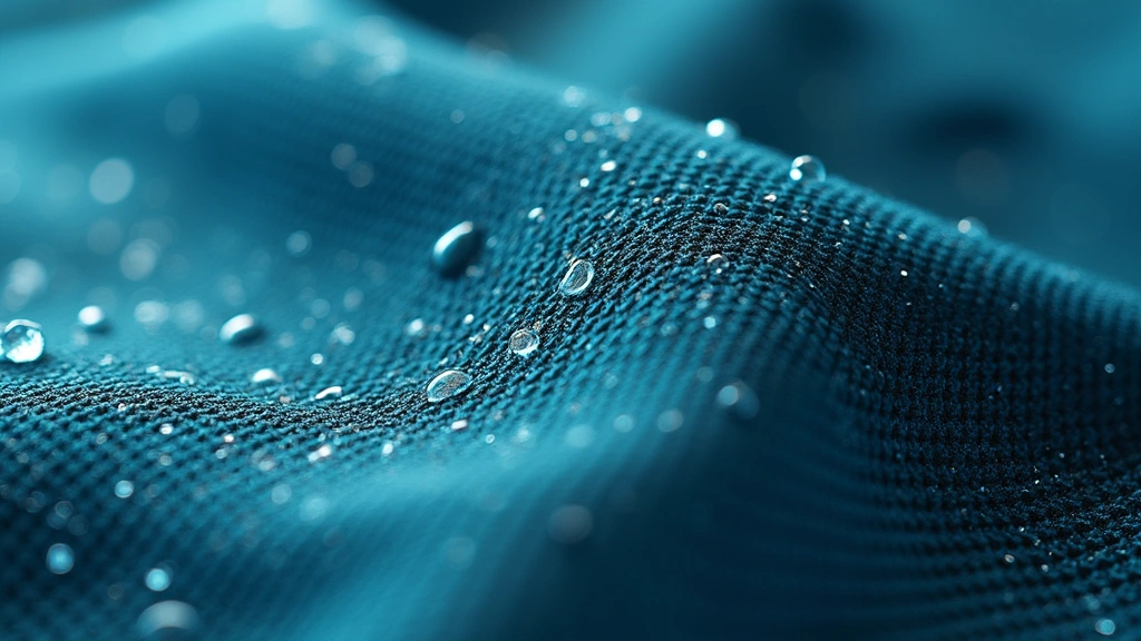 Close-up macro photography of athletic fabric weave showing moisture-wicking fiber structure and texture detail with water droplets, professional product photography style