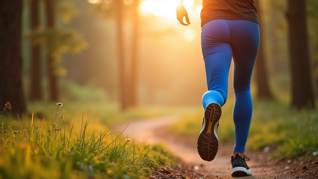 Action shot of runner in blue athletic pants during outdoor trail run, morning sunlight filtering through trees, dynamic motion and comfort demonstration, candid athletic photography
