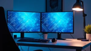 Modern minimalist desk setup with dual 4K monitors displaying blue gradient tech background with circuit board patterns, professional lighting, clean cable management, contemporary workspace