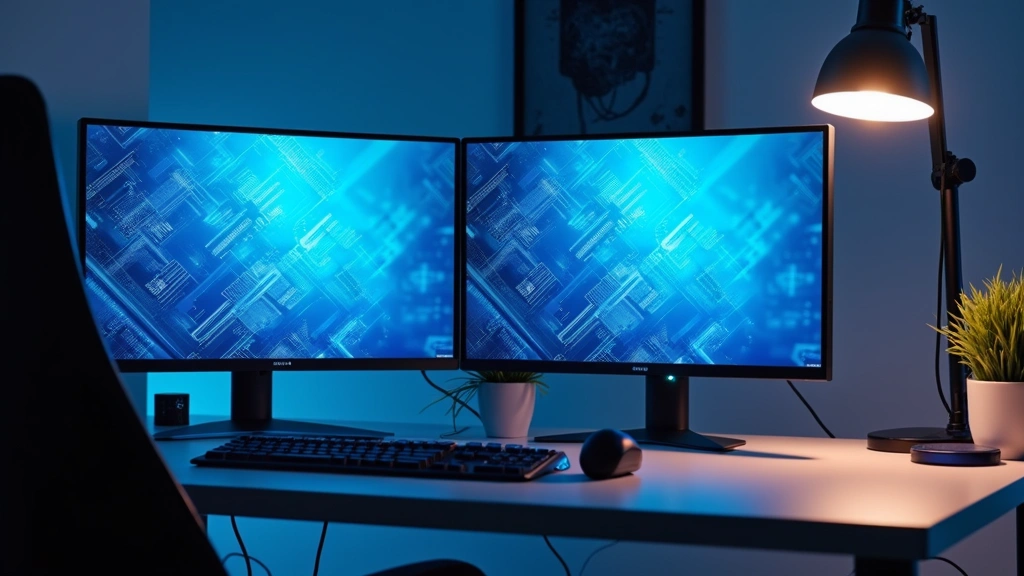 Modern minimalist desk setup with dual 4K monitors displaying blue gradient tech background with circuit board patterns, professional lighting, clean cable management, contemporary workspace
