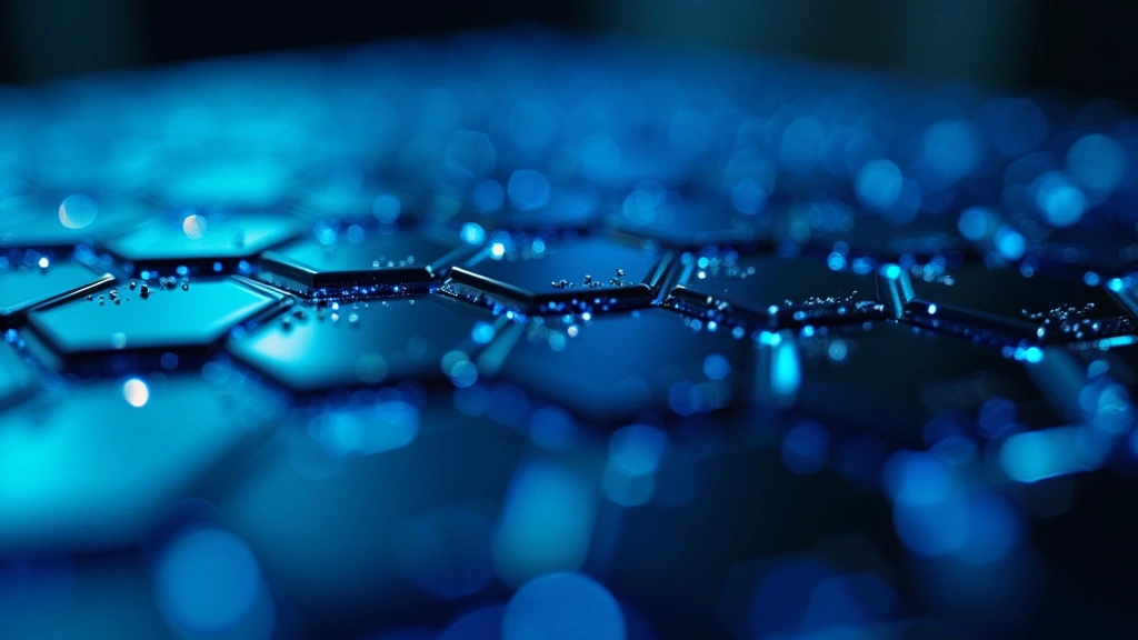 Close-up of premium blue tech wallpaper on large ultrawide gaming monitor showing hexagonal patterns and glowing cyan accents, photorealistic display technology