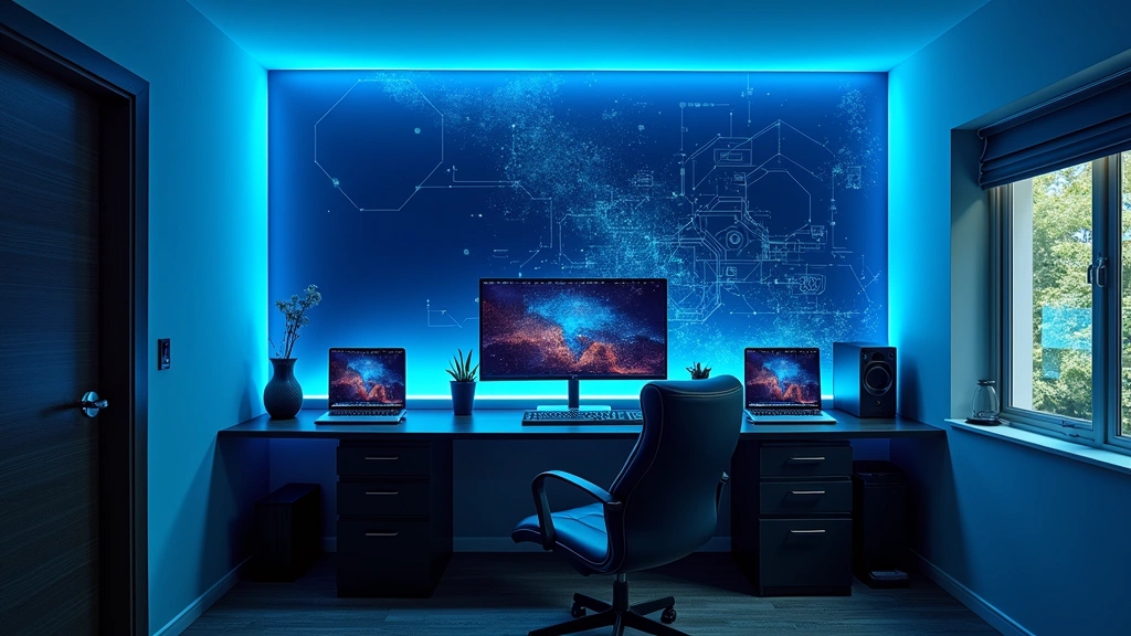 Professional home office with blue accent wall featuring geometric tech patterns, RGB LED strip lighting in cyan and navy tones, modern desk setup with blue-themed accessories and organized workspace