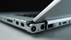 Close-up of aluminum laptop chassis with reinforced hinge mechanism, showing durability construction details and metal components, professional studio lighting, no text or logos visible