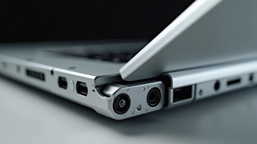 Close-up of aluminum laptop chassis with reinforced hinge mechanism, showing durability construction details and metal components, professional studio lighting, no text or logos visible