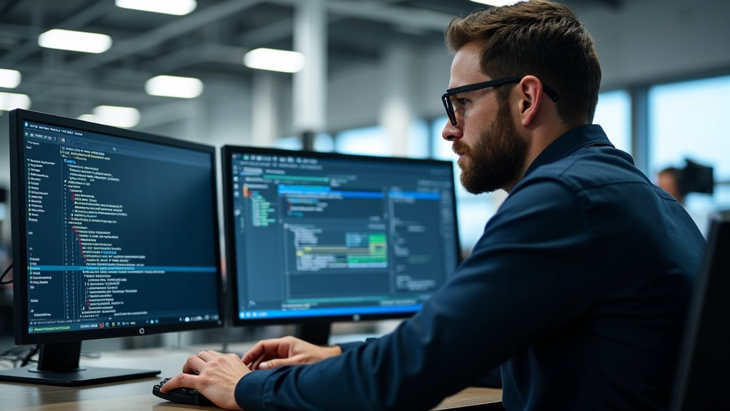 Professional software engineer working at modern workstation with dual monitors displaying code and vehicle diagnostics, automotive tech lab environment, natural lighting