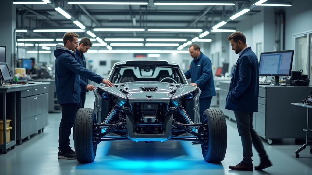 Team of engineers collaborating around autonomous vehicle hardware prototype, testing equipment and diagnostic tools visible, modern automotive R&D facility