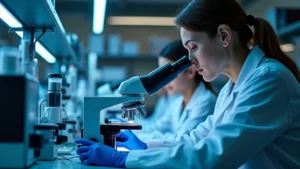 High-tech university laboratory with researchers using electron microscopes and advanced analytical instruments, bright professional lighting, close-up of sophisticated scientific equipment